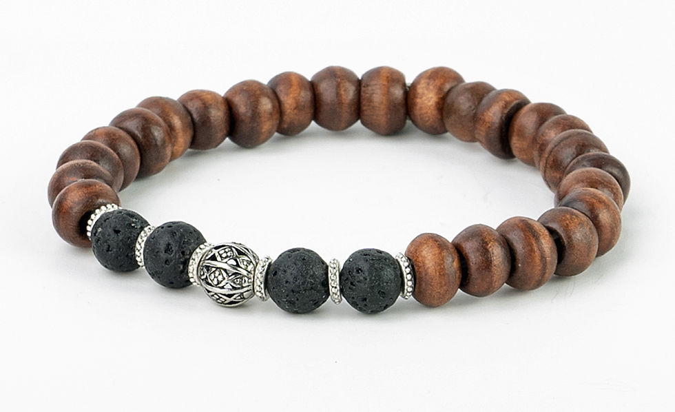 Thumbnail: Wooden, Lava stone & Silver-plated Bead Bracelet Ethically Handmade