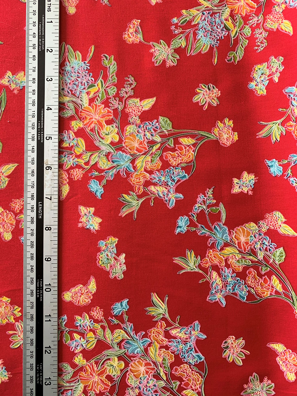 Thumbnail: 100% cotton poplin print. floral on red, 147cm, sold per metre