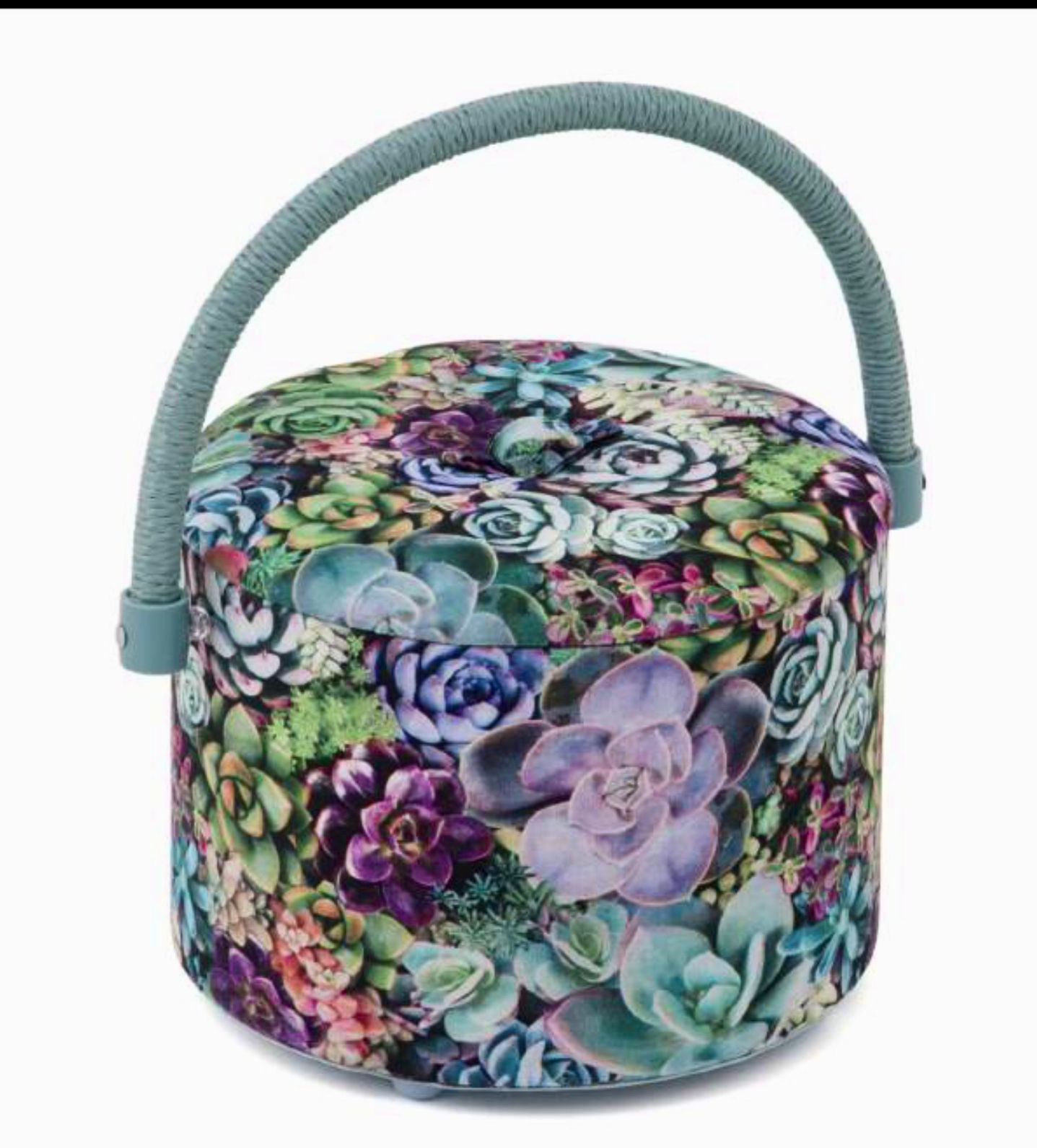 Round Craft Organiser with handle, padded lid, printed fabric 'Succulents'