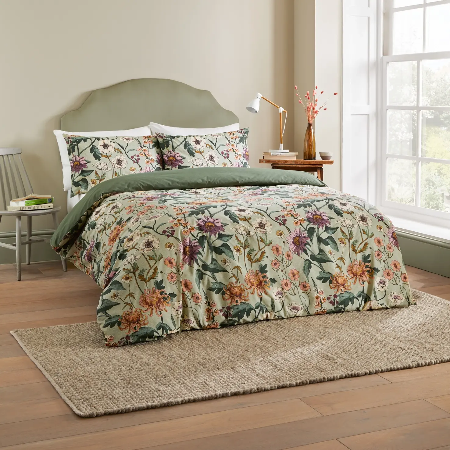 Wylder "Wallflower" Duvet Set, Cotton rich, 180 thread count Celadon green