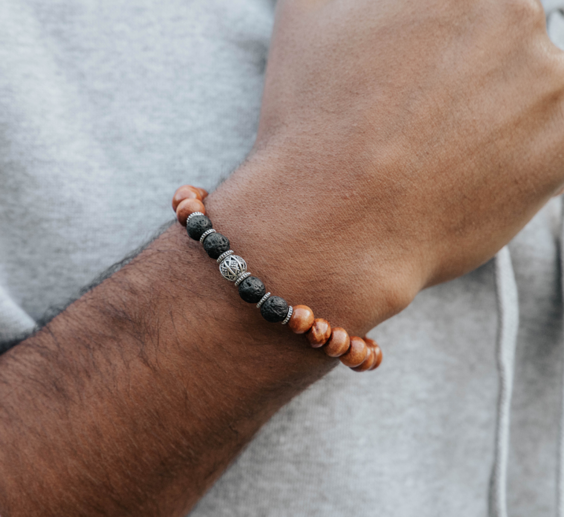 Wooden, Lava stone & Silver-plated Bead Bracelet Ethically Handmade