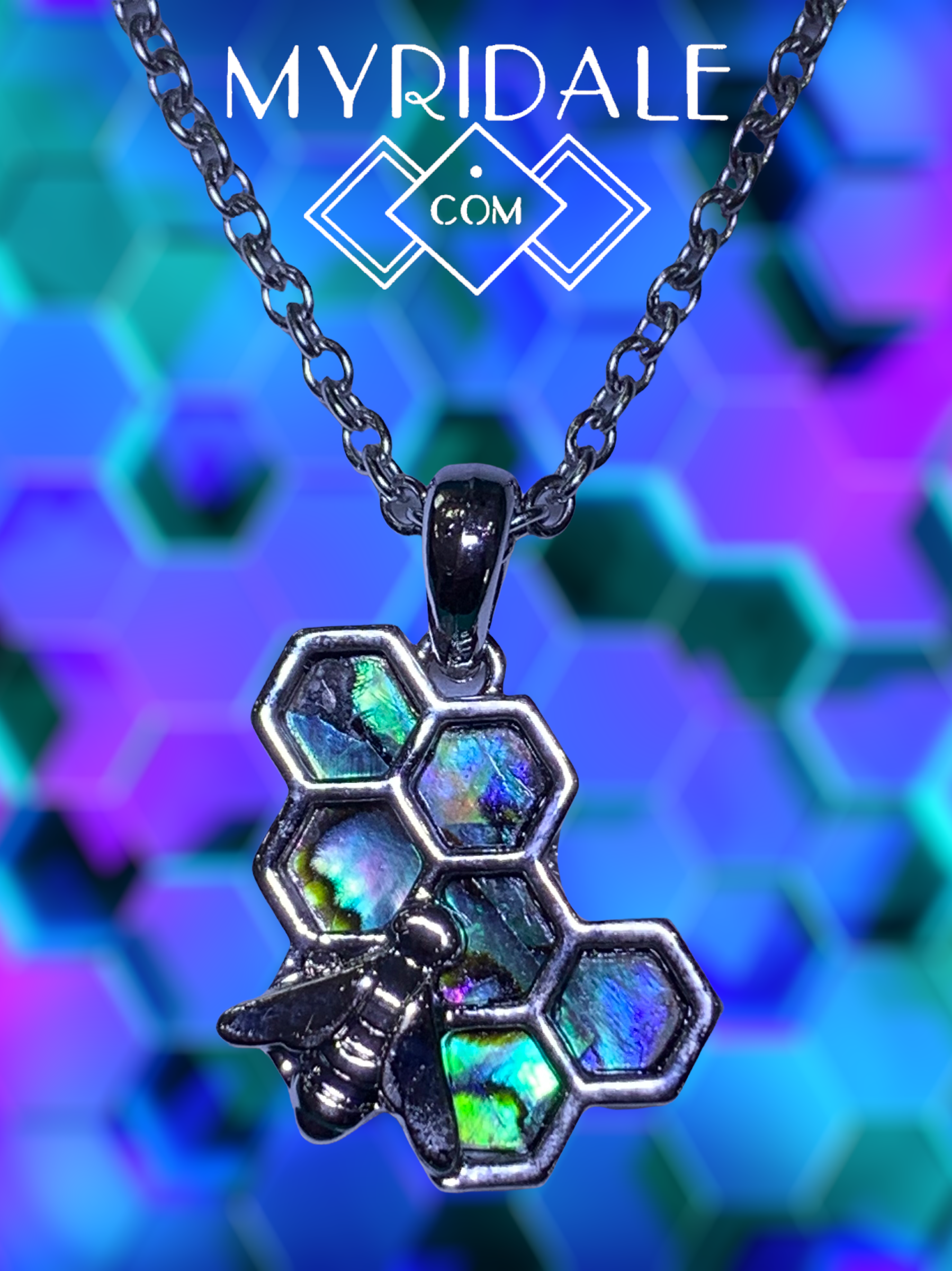 Bee and honeycomb necklace, inlaid Paua shell. 18" chain, 24mm