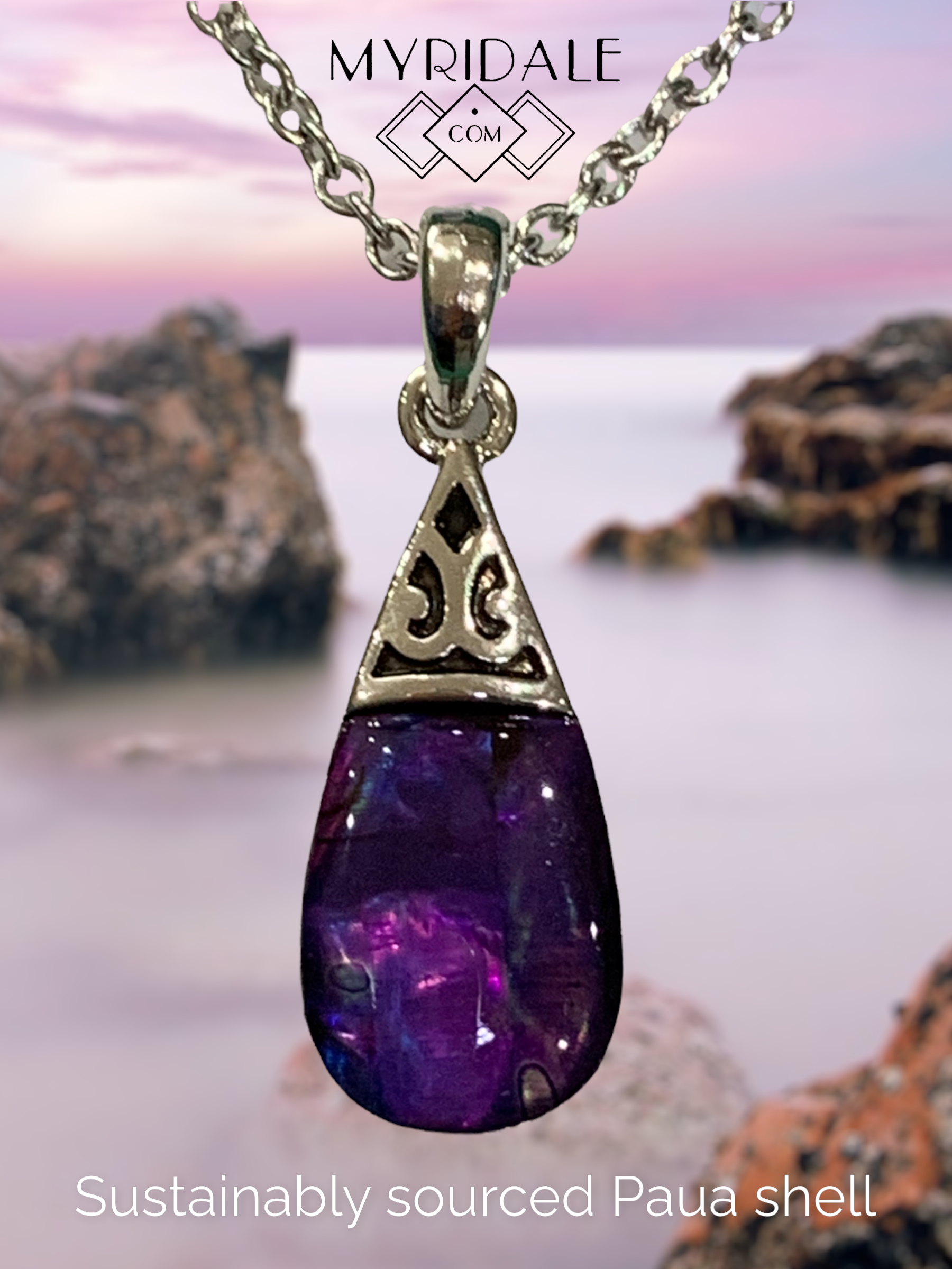 Purple Peardrop necklace, Paua shell. 18" chain, 28mm Rhodium plated