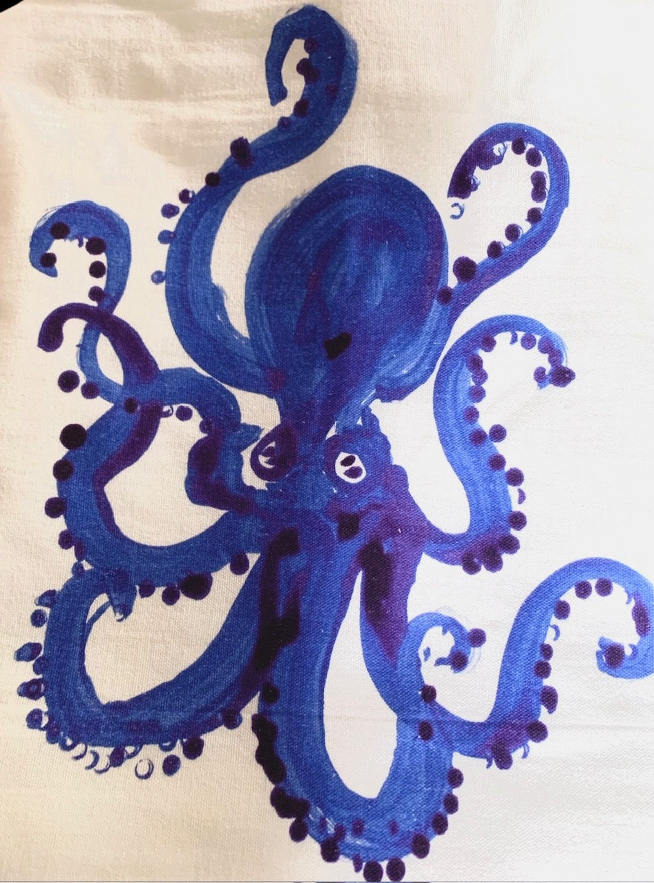 Thumbnail: Shoeless Joe cotton tote bag, blue Octopus, lined, zip pocket