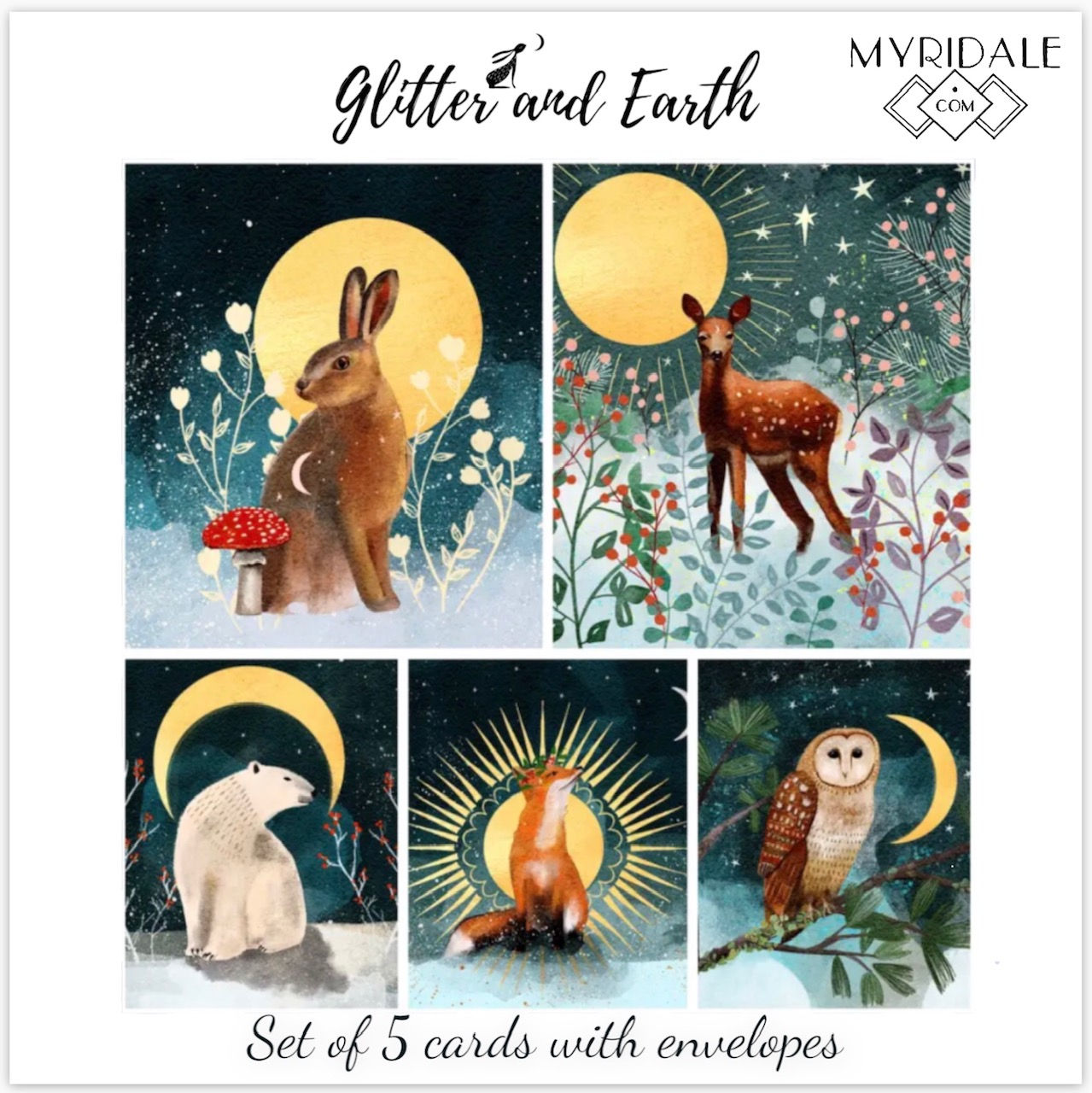 Pack x5 designs Christmas cards by artist, Jacqueline Wild FSC certified card UK