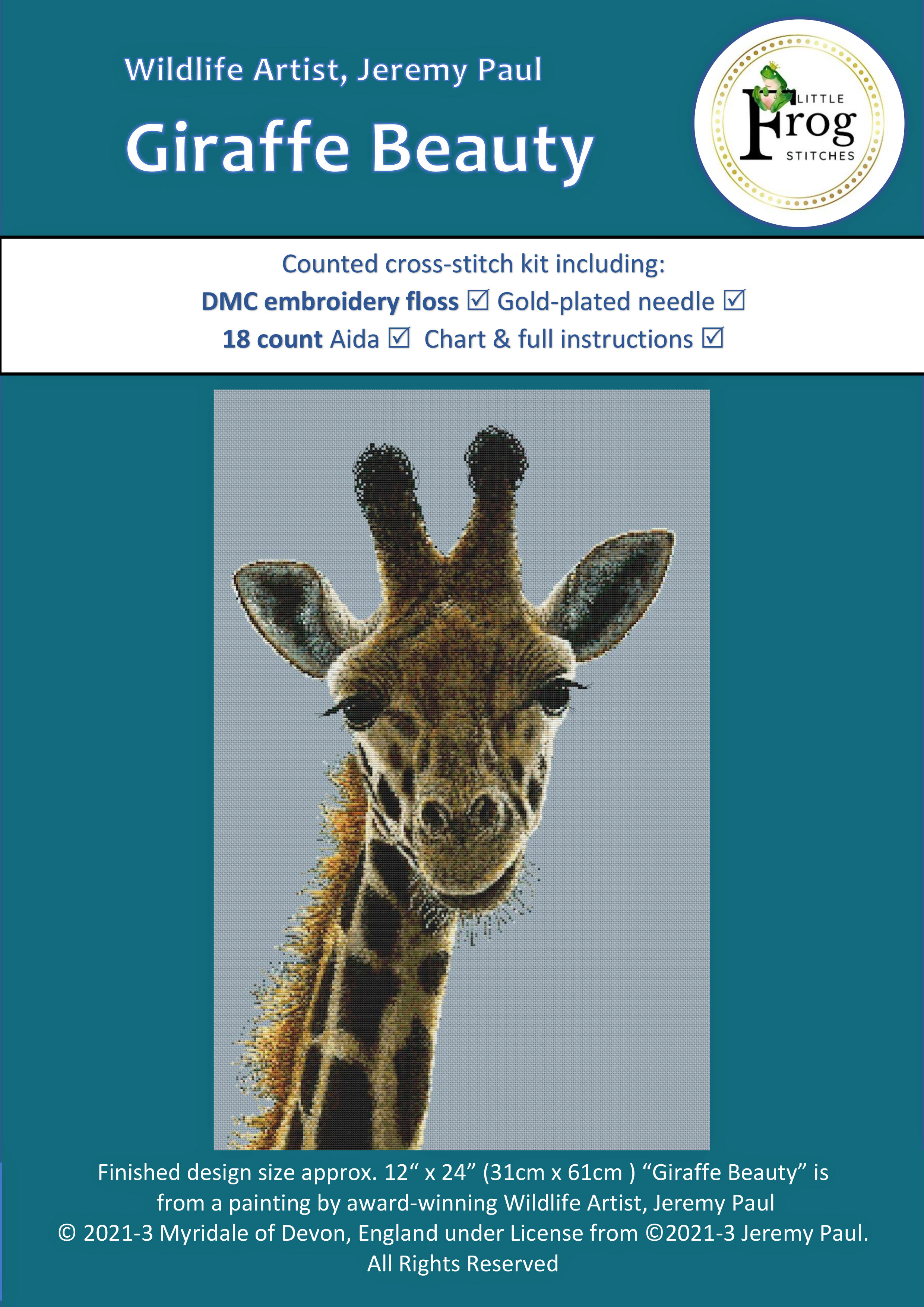 Cross Stitch Kit 'Giraffe Beauty' by Little Frog Stitches, 18count, DMC threads