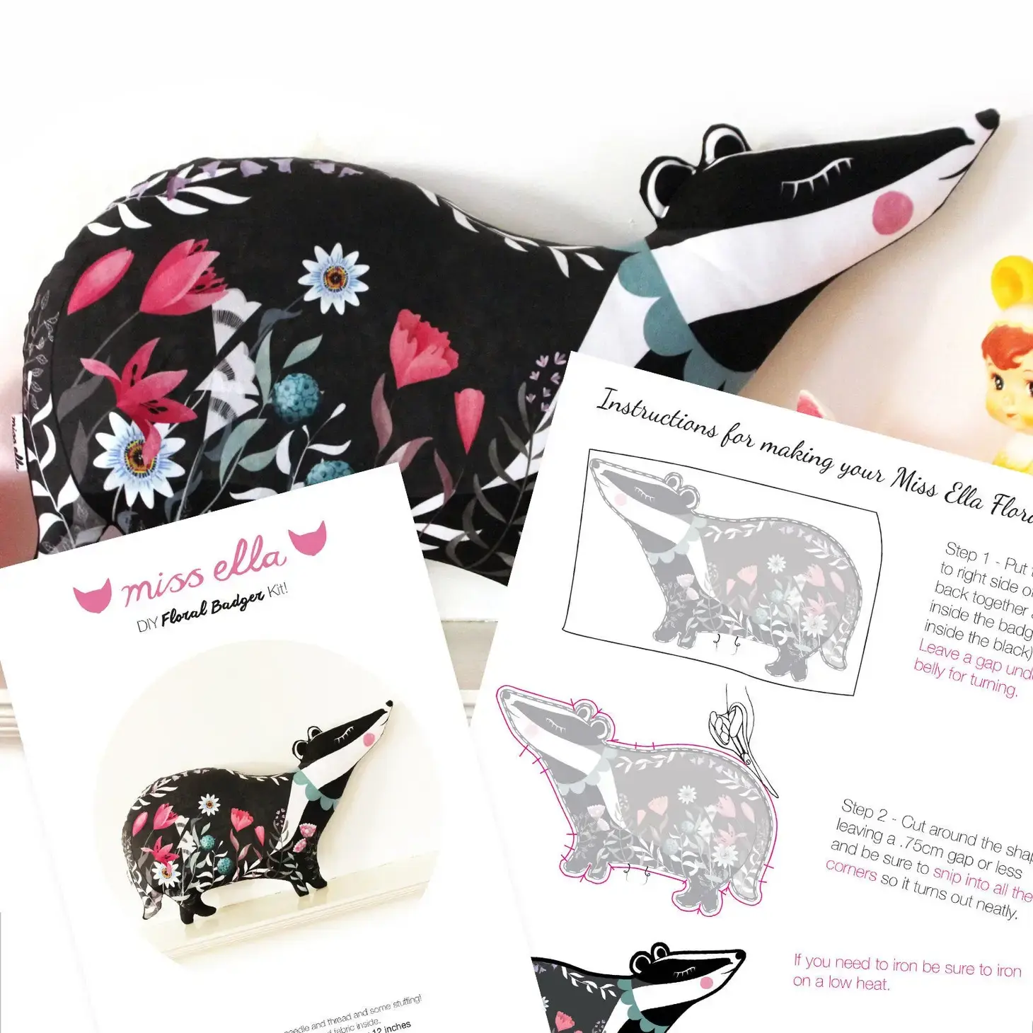 Floral Badger DIY Sewing kit by Miss Ella. 56cm high x 30.5cm approx
