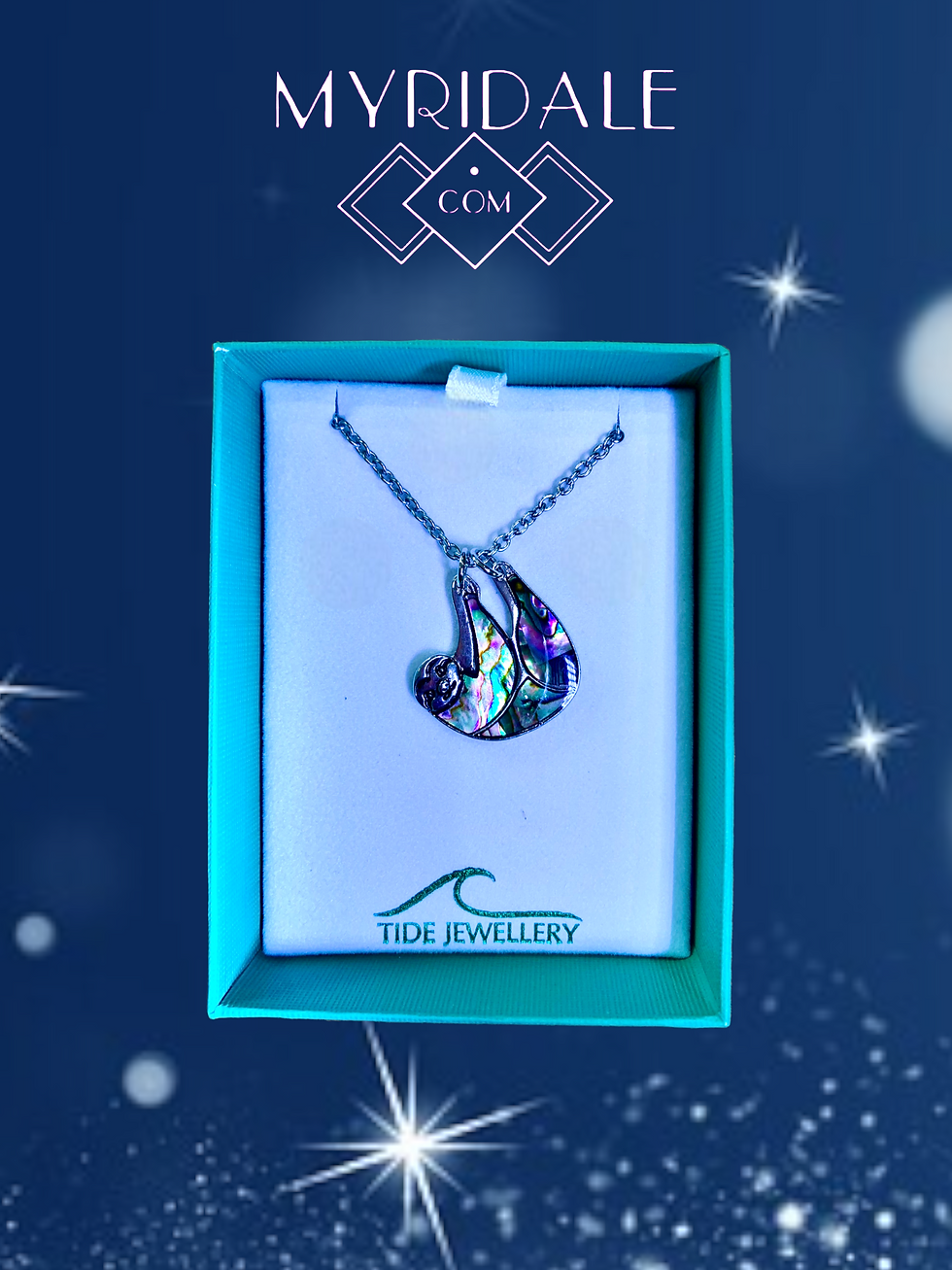 Thumbnail: Sloth necklace, inlaid Paua shell. 18" chain, 23mm, Rhodium plated