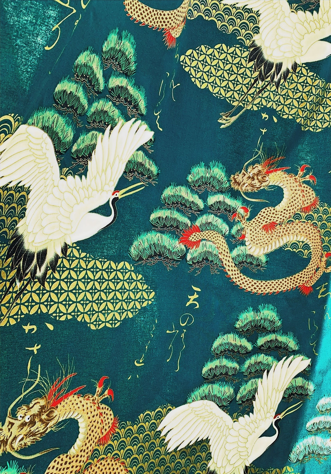 Genuine Japanese, Quality cotton fabric, metallic Dragons Cranes, jade
