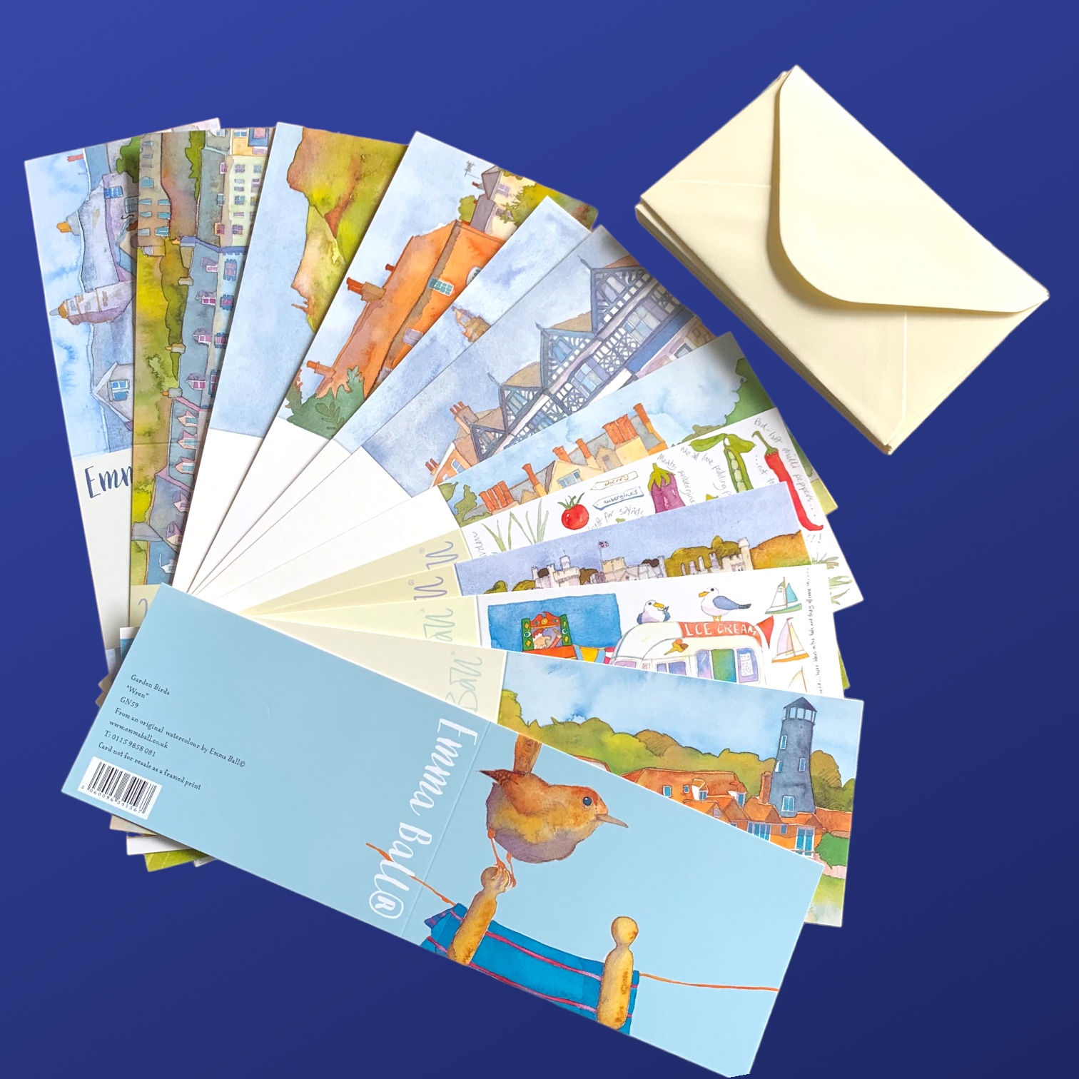 Collection of 12 different Emma Ball blank cards with envelopes, Wren