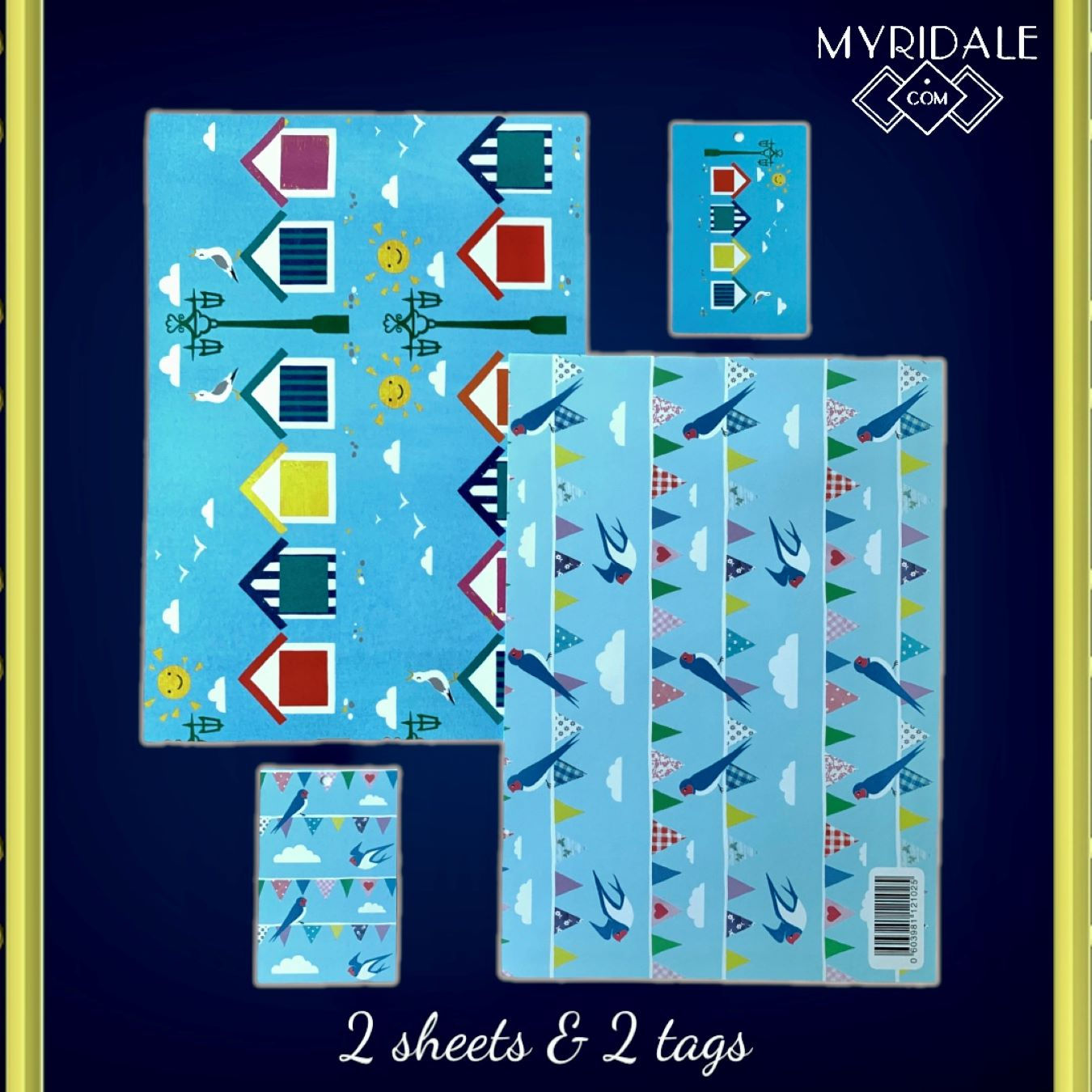 Vicky Scott Quality gift wrap x2 +tags 'Bunting / Beach Huts' 100% Recycled