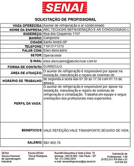 Auxiliar de refrigeração e ar condicionado - ABC TECNOAR REFRIGERAÇÃO E AR CONDICIONADO LT