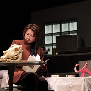 Character staring at animal skull