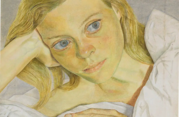A woman with blonde hair, blue eyes and pale skin laying in a bed with white sheets, gazing off into the distance