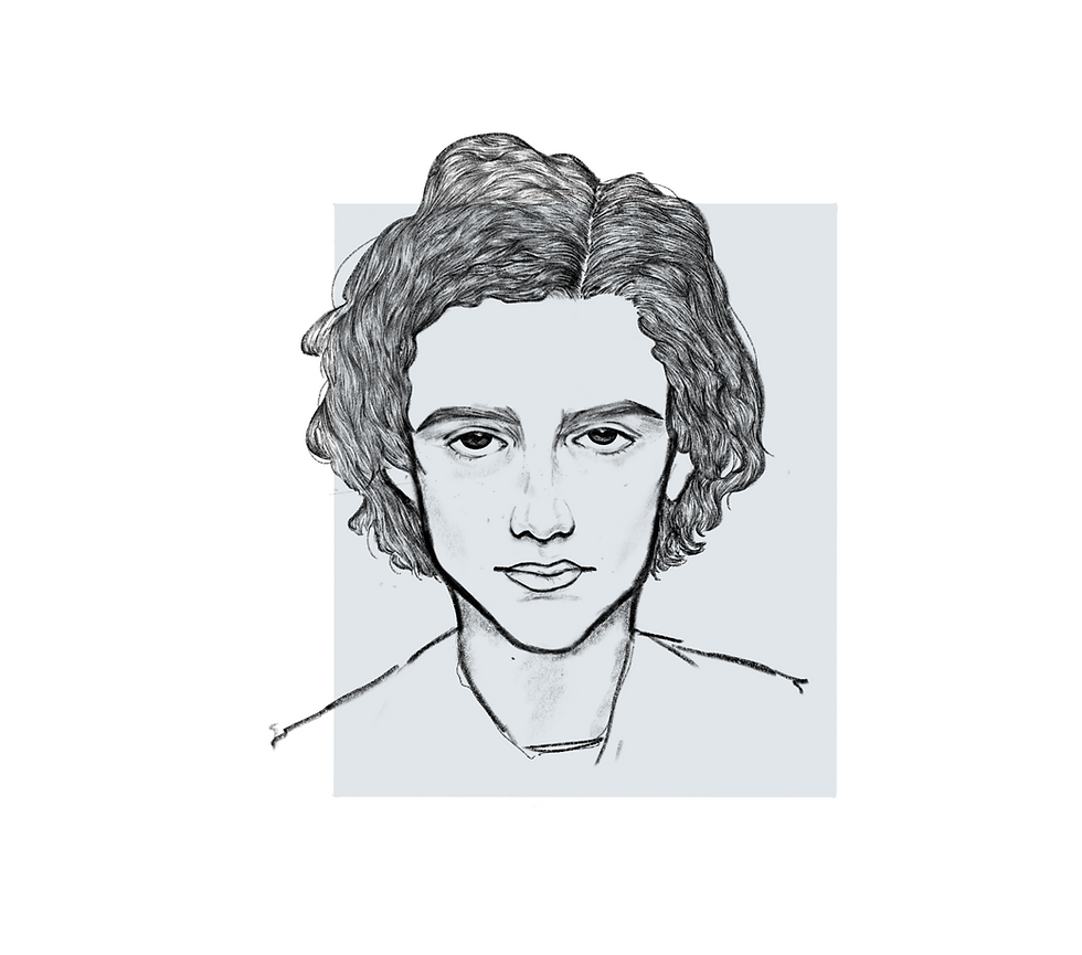 A black and white drawing of a young man
