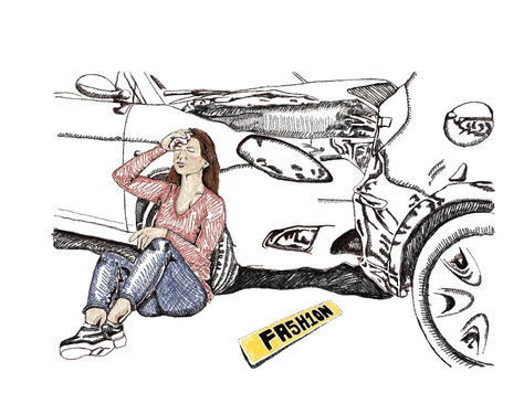 A drawing of a woman holding a bloody tissue to her head after a car crash. A number plate reading FA5H1ON (fashion) lies next to her.