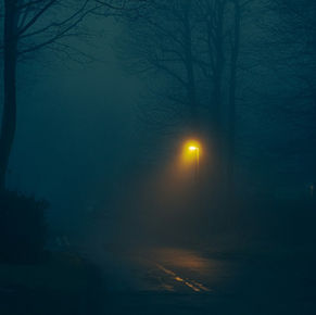 A streetlight shining through a foggy street