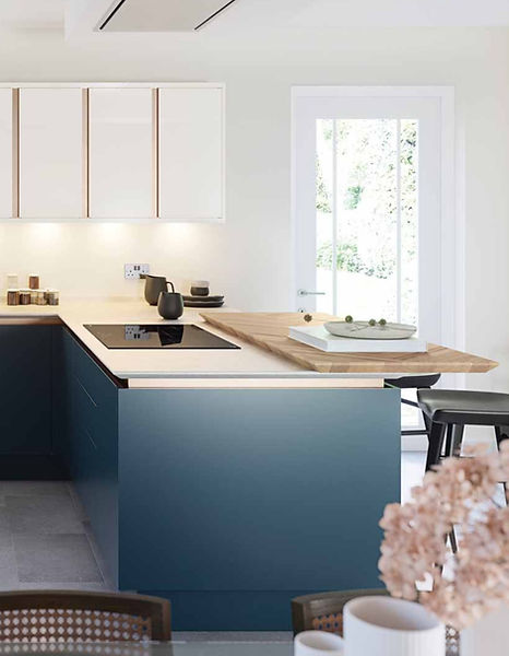 Modern blue kitchen island with wooden countertop