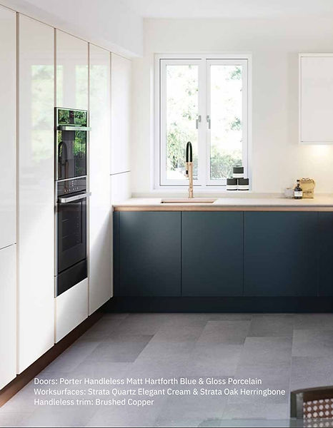 Modern kitchen design: sleek cabinets, integrated oven, wood counter