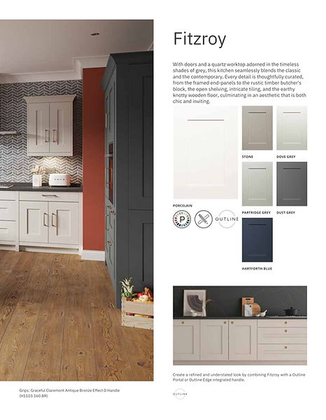 Fitzroy kitchen design: cream cabinets, wood floors, and dark blue accents.