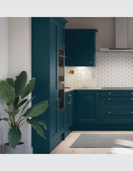Dark teal Shaker kitchen cabinets