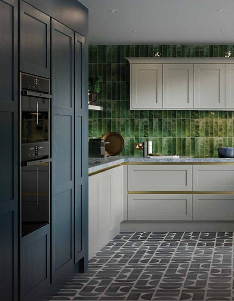 Modern kitchen design: green tiles, blue cabinets