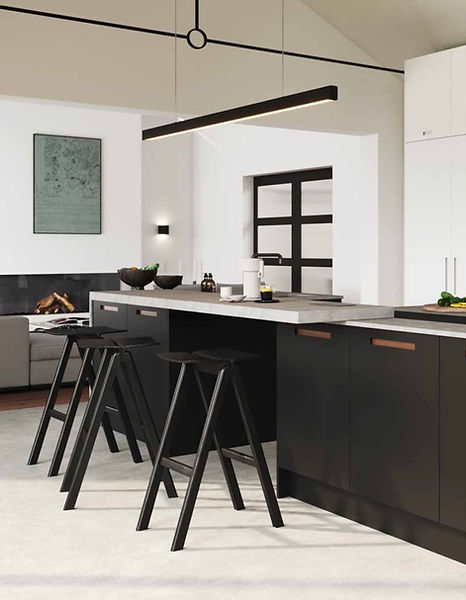 Sleek modern kitchen island with black stools