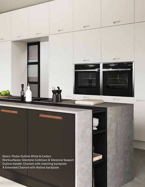 Modern kitchen design: dark cabinets, concrete island, built-in ovens