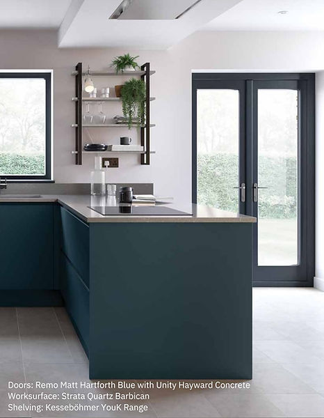 Navy blue kitchen island with shelving and doors, Carters Interiors