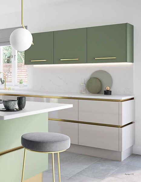 Sage green and white modern kitchen design with gold accents
