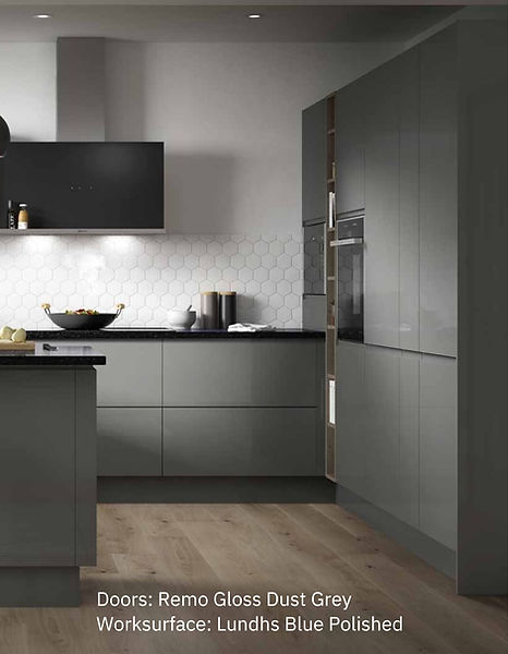 Stylish grey kitchen: Remo Gloss Dust Grey doors, Lundhs Blue polished worktop