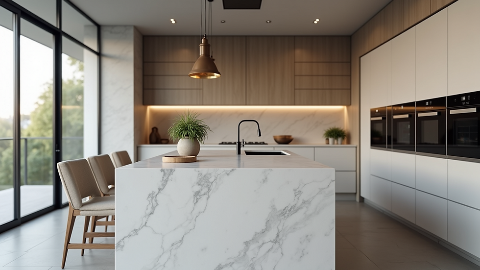 Eye-level view of a modern kitchen island with marble countertop and integrated appliances
