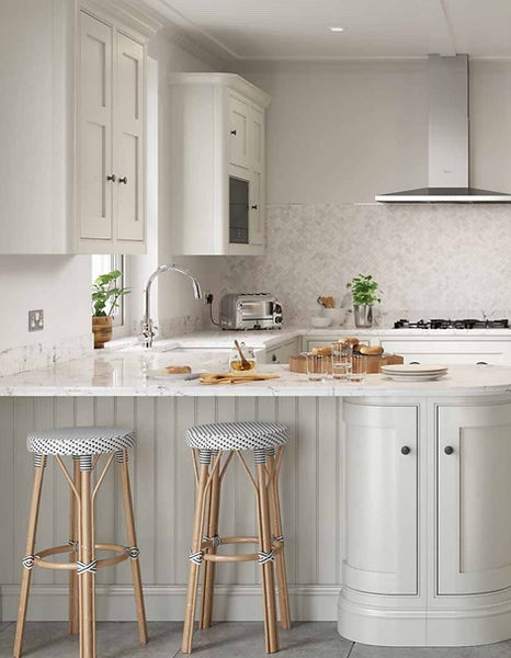 Elegant white kitchen with island and stools