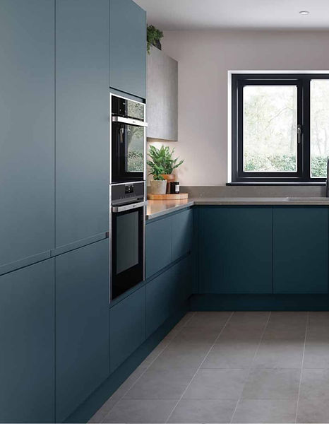 Modern teal kitchen cabinets and appliances
