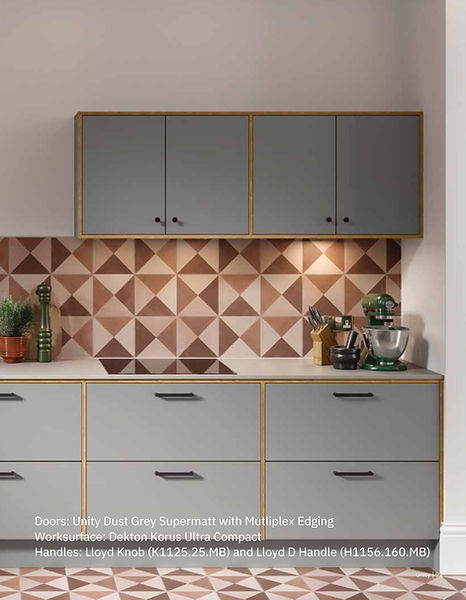 Stylish gray kitchen cabinets with geometric tile backsplash
