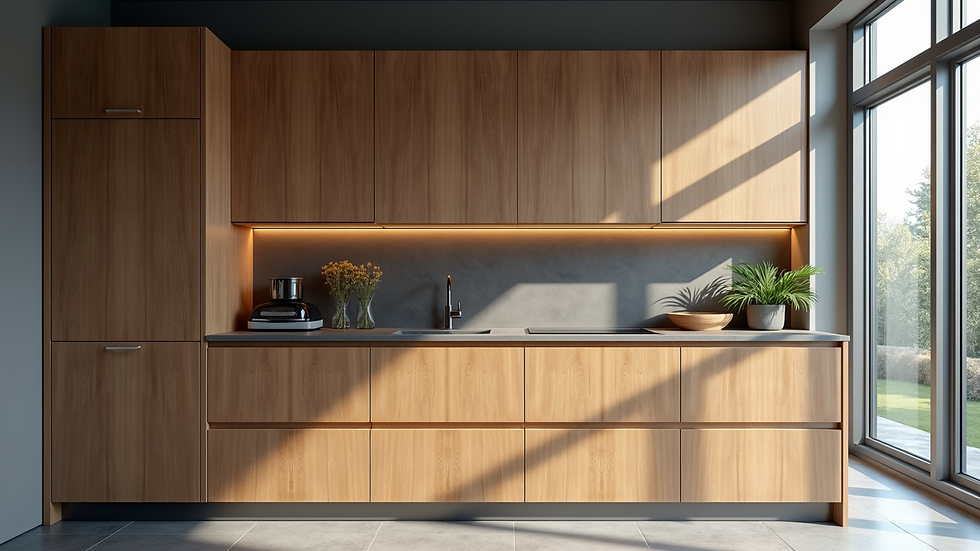 High angle view of modern kitchen cabinets with mixed wood and metal finishes