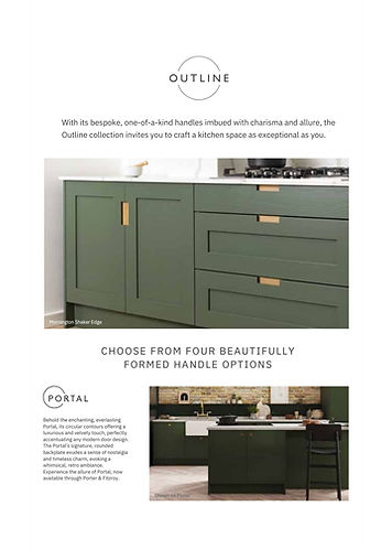 Green Shaker kitchen cabinets, brass hardware, Outline