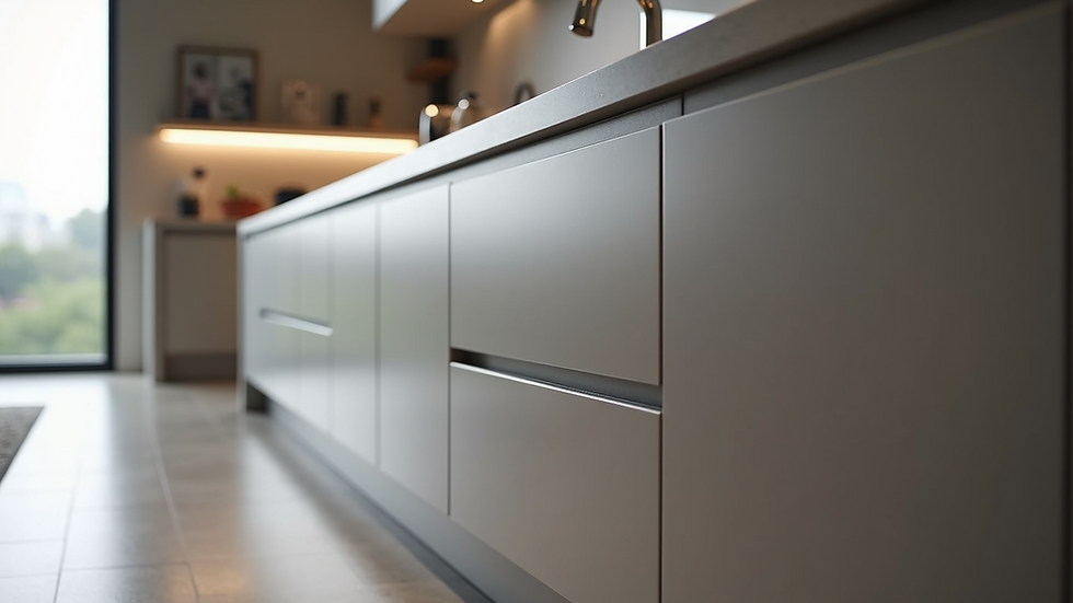 Eye-level view of sleek modern kitchen cabinets with handleless design
