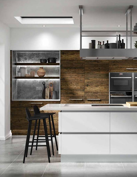 Modern kitchen design with wood and white cabinets