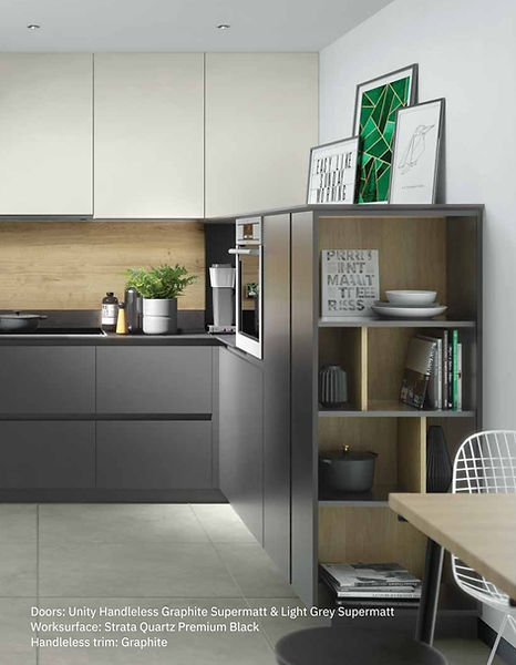 Modern gray kitchen design with open shelving and wooden accents