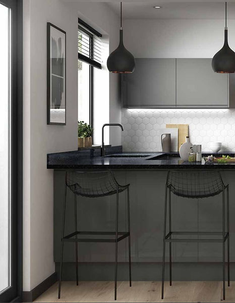 Sleek modern kitchen design with dark grey cabinets and black bar stools