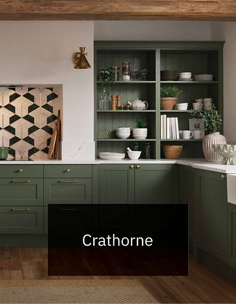 Crathome Shaker kitchen: green cabinets, open shelving, and wood accents