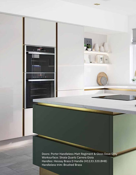 Modern green kitchen island with brass accents and built-in oven