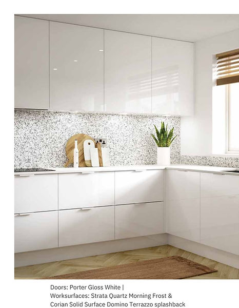 Gloss white kitchen: Shaker doors, glass splashback