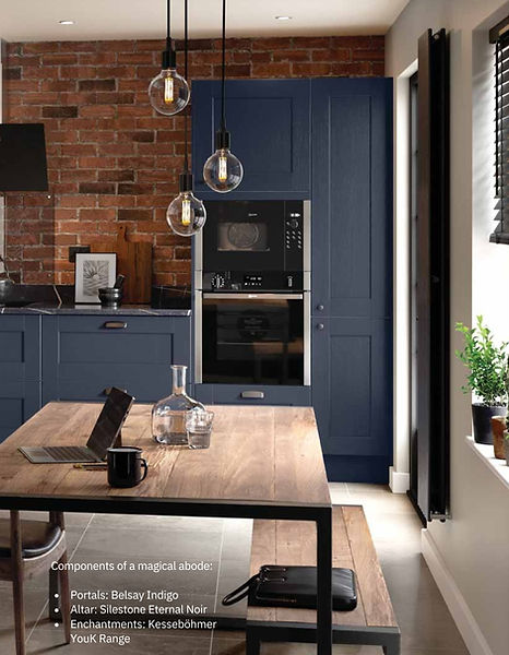 Modern navy Shaker kitchen with brick wall, integrated appliances