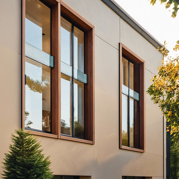 an up close of a luxury residential house with many clean windows along the side exterior
