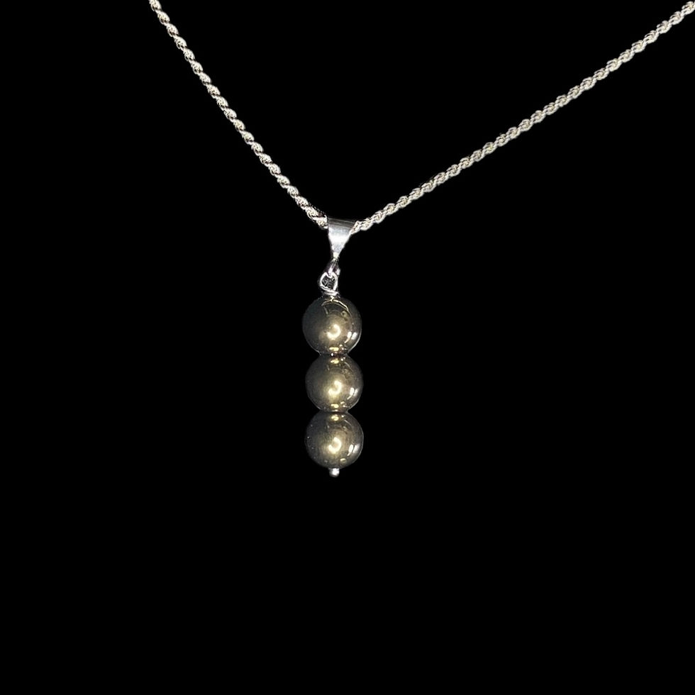 8mm gold pyrite triple beaded pendant and silver necklace front view