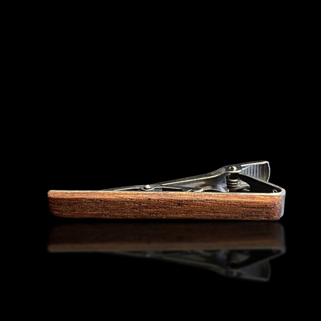 real mahogany wood and stainless steel premium handmade tie clip front view