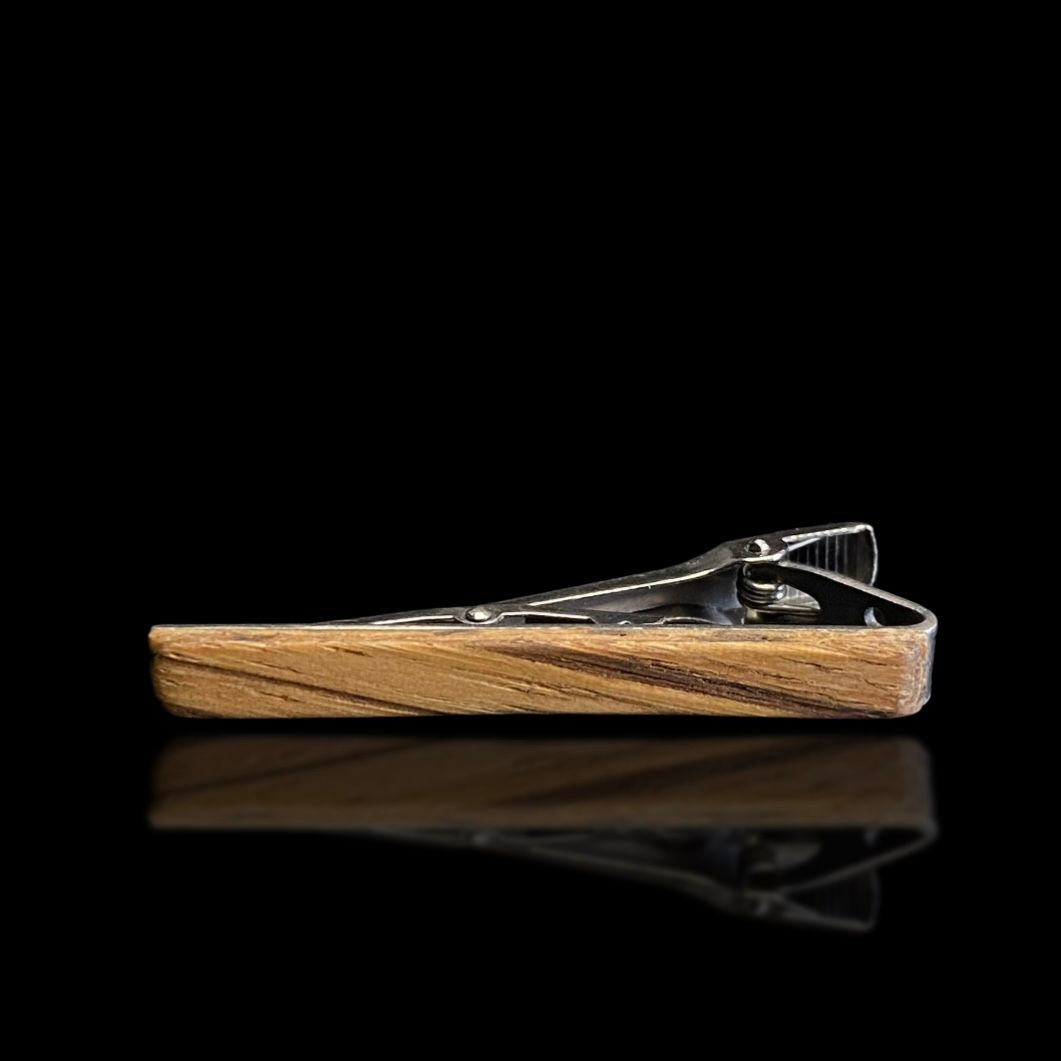 real zebrawood wood and stainless steel premium handmade tie clip front view