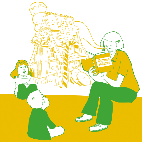Illustrationen für das Buch 66 Tipps der Aktion IN FORM des BMEL, Frau liest Kindern Grimms Märchen vor